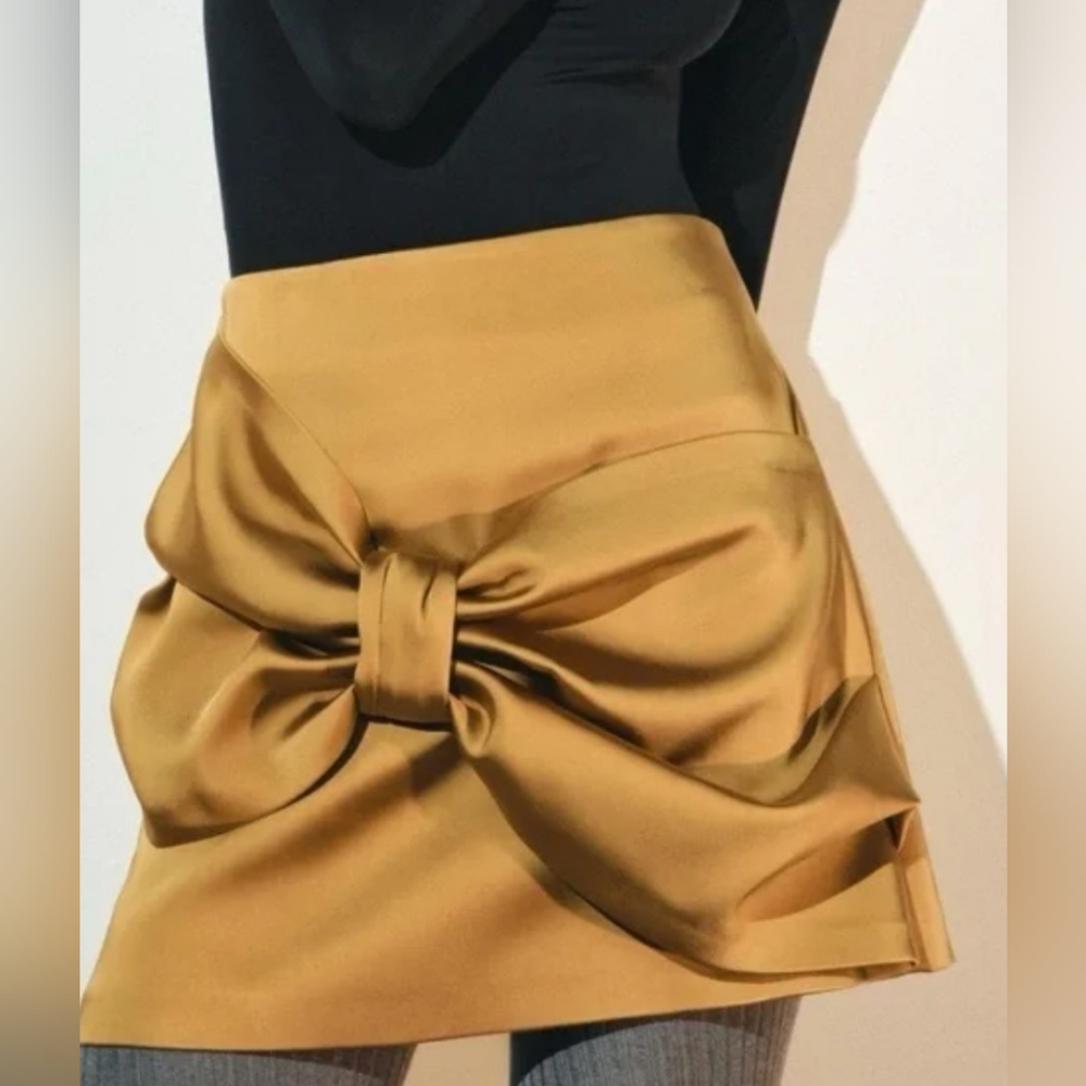 ZARA miniskirt Sz S gold satin BOW feature NWOT